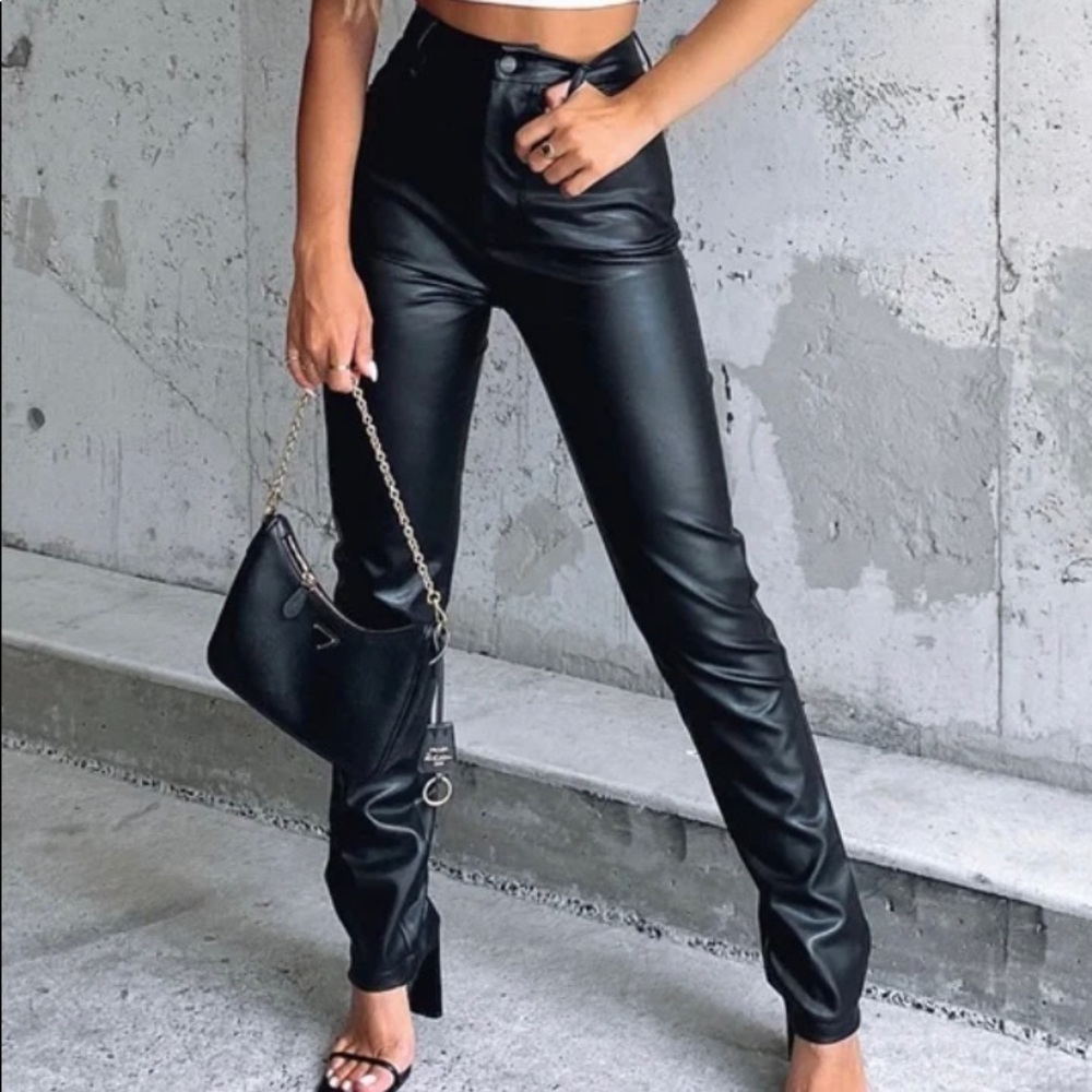 White Fox Black Faux Leather Pants
